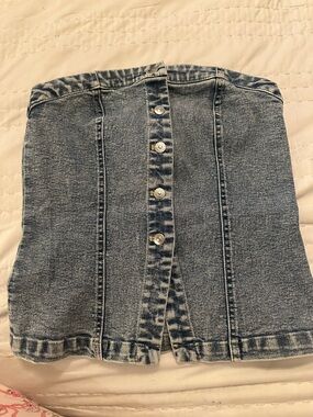 Divided Blue Denim Button-Front Strapless Crop Top